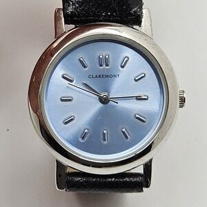 Claremont Blue Women's Stainless Silver Black Leather Quartz Battery Watch